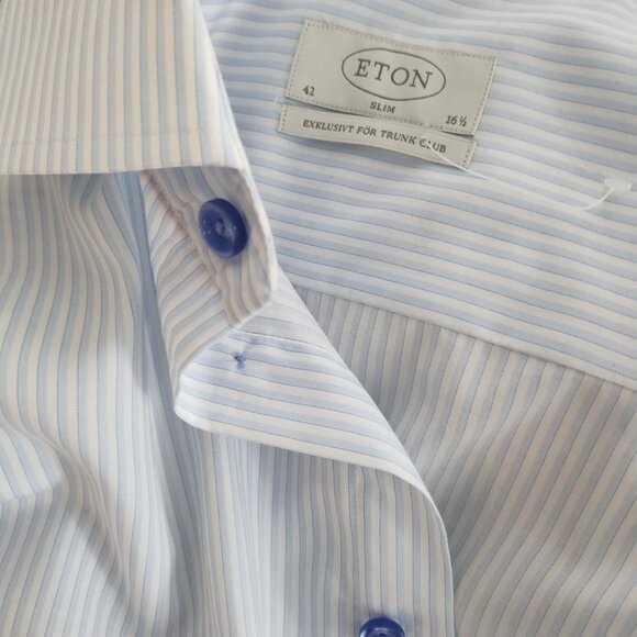 Eton Dress Shirt Mens16.5 42 SLIM FIT Blue striped & buttons Trunk Club RARE - Picture 6 of 6